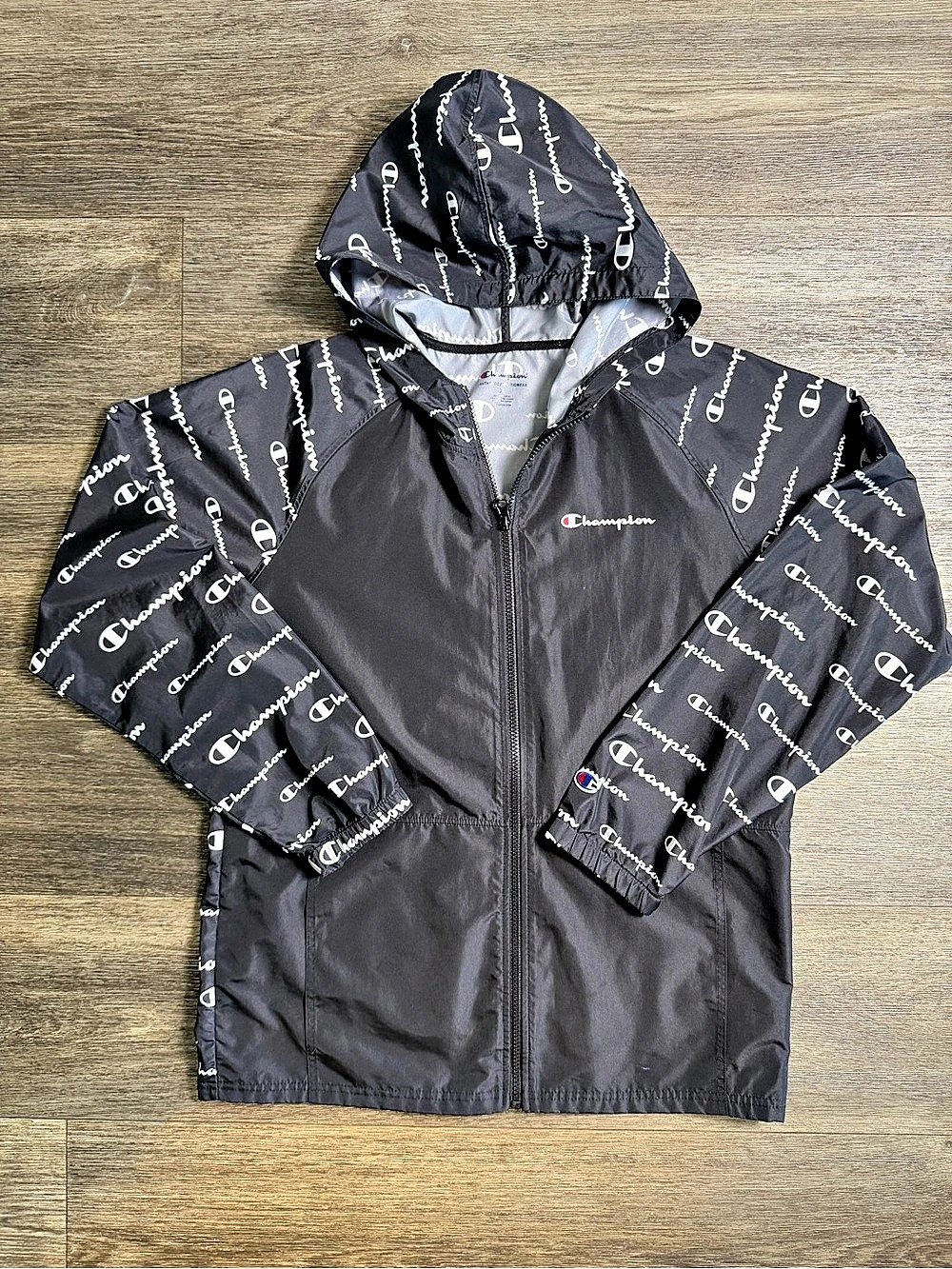 Champion Script Logo Full Zip Windbreaker Jacket Black & White Youth XL